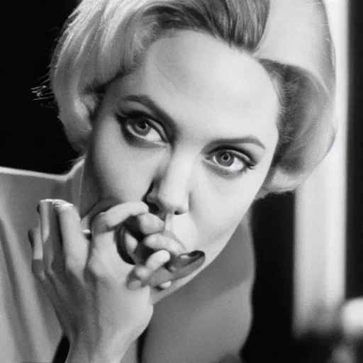 Image similar to Angelina Jolie, blonde, in Witness for the Prosecution (1957).