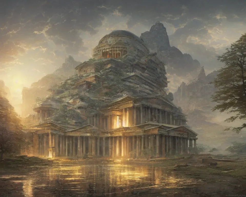 Prompt: pantheon of justice in a zen landscape by Greg Rutkowski and Thomas Kinkade.