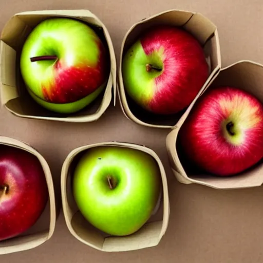 Prompt: three boxes, left have two apples, middle three apples, right have sum of previous two
