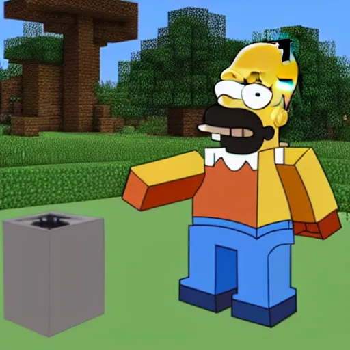 Prompt: A still of Homer Simpson in Minecraft (2011)