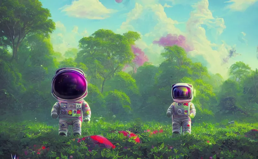 Image similar to a beautiful 8 bit painting of a cute adorable kawaii futuristic vr plastic android astronaut sitting on a lush planet of foliage, the destroyed wreckage of a crashed spaceship, steam, thick colorful smoke, ross tran, ron walotsky, greg rutkowski, trending on artstation