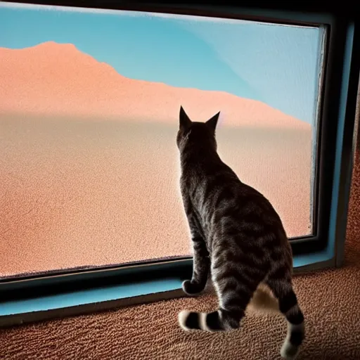 Image similar to photo of a cat watching martian landscape inside a futuristic window