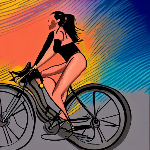 Image similar to illustration of a hot girl on a bike going 60 miles per hour, digital art