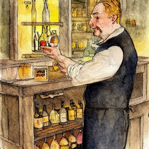 Image similar to hot blonde working in a wine cellar, food, pork, beer, schnapps, rustic, traditional, torches on the wall, watercolor by carl larsson