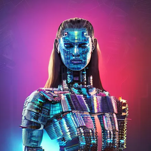 Image similar to full body portrait of the muscular Mayan Android Queen, by DC comics and Sandra Chevrier and beeple, artstation, volumetric lighting and fog, hyperrealism, hyper detailed futuristic royalty, award winning costume design, cybernetic bionic ancient cyborg, fashion show runway, futuristic fine textures, woven with electricity, high fashion superpowers, floating dust particles, bokeh, mystic haze, 4k UHD, HDR