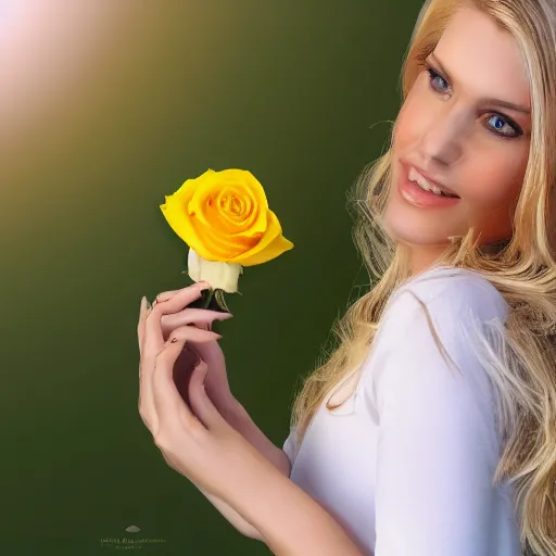 Prompt: long blonde haired woman wearing white clothes holding a yellow rose, highly detailed, 4k