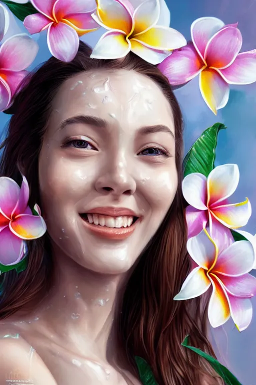 Image similar to ultra realistic illustration, portrait of smiling woman covered in white yogurt, plumeria tropical bouquet background, close up shot, fantasy, intricate, elegant, highly detailed, digital painting, artstation, concept art, smooth, sharp focus, illustration, surrealism