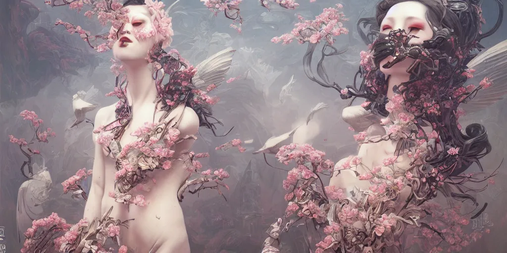 Image similar to breathtaking detailed hellbllade chines girl cyborg concept art painting art deco pattern of birds goddesses amalmation flowers, by hsiao ron cheng, tetsuya ichida, bizarre compositions, exquisite detail, extremely moody lighting, 8 k, art nouveau, old chines painting