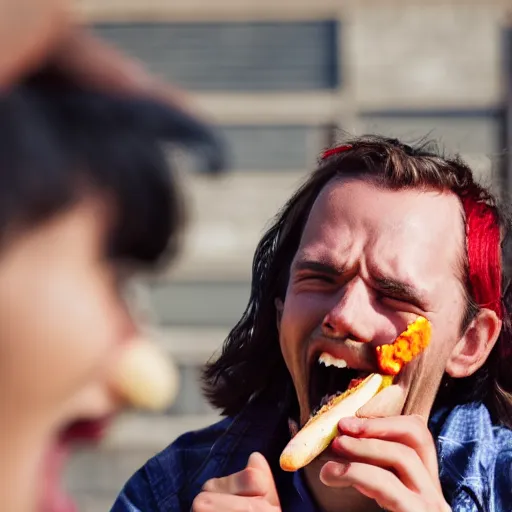 Image similar to realistic photo of a man eating a hotdog, the hotdog is screaming, close up, 65mm, photorealistic