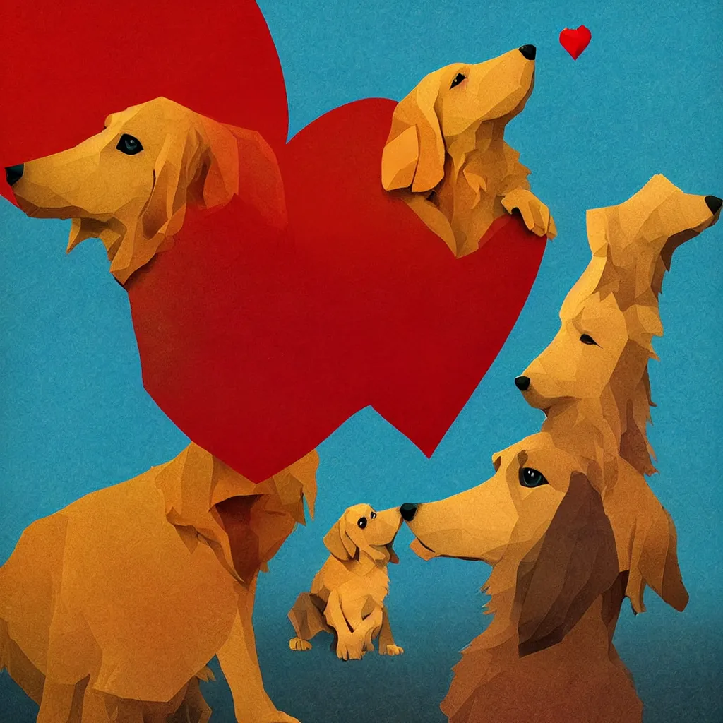 Prompt: low poly, pixar, love, love, heart, golden retriever dog, magic realism, red, vivid colors by andy kehoe and amanda clarke y shamsia hassani