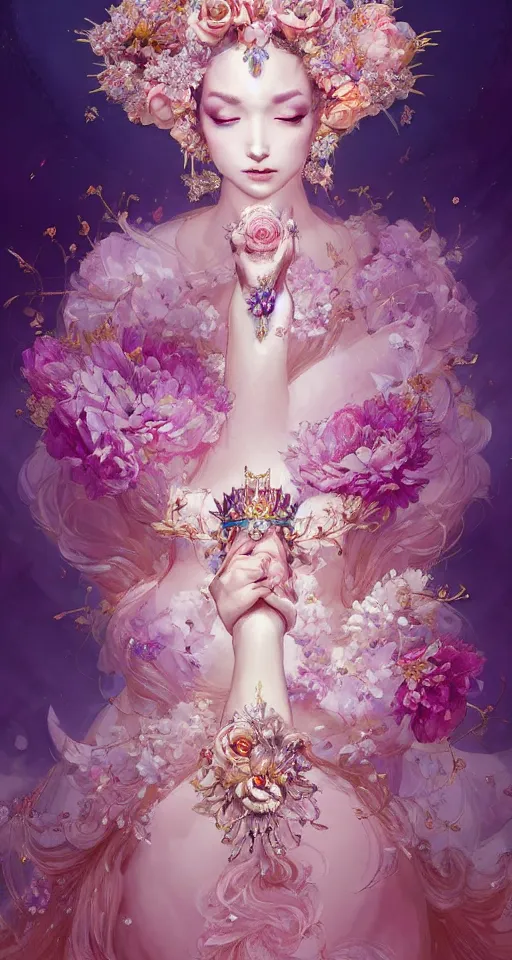 Image similar to A beautiful fantasy empress, highly detailed full body, breathtaking flower tiara, gorgeous aristocrat robe, beautiful figure, epic composition, ultra wide-shot, dynamic pose, concept art, beautifully lit, digital painting, character design, sharp focus, elegant, smooth, intricate, artstation, by WLOP and James Jean and Victo Ngai and Ryohei Hase