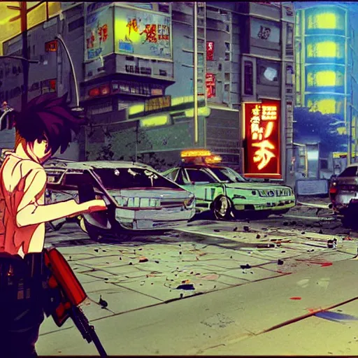 Image similar to 1991 Video Game Screenshot, Anime Neo-tokyo Cyborg bank robbers vs police shootout, bags of money, Police Shot, Bullet Holes and Blood Splatter, Anime VFX, Violent, Action, MP5S, FLCL, Highly Detailed, 8k :4 by Katsuhiro Otomo + Studio Gainax + Arc System Works : 8