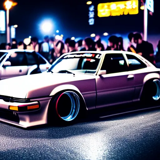 Image similar to a car S30 turbo drift at illegal car meet, shibuya prefecture, midnight mist streetlights, color grade, photorealistic, highly detailed wheels, highly detailed