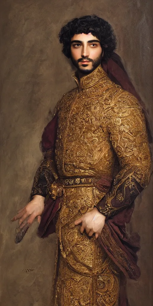 Prompt: a stunning and noble highly detailed romantic period style portrait of an Arab Prince, by Josep Tapiró Baró, trending on artstation, oil painting masterpiece, symmetry, fractals, Arabic iconography