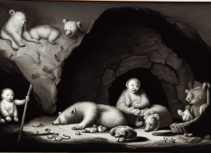 Image similar to Pieter Claesz's 'bear and her cubs sleeping in a dark cave lit by campfire', night time, cross hatching, framed