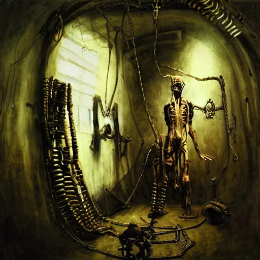 Prompt: razorpunk interior of pristine steampunk asylum laboratory testing chamber containing a chained mummy mutant cyborg nicola samori zdizlaw beksinski marc simonetti william-adolphe borguereau viktor vasnetsov charlie bowater oil painting tool album cover aenima