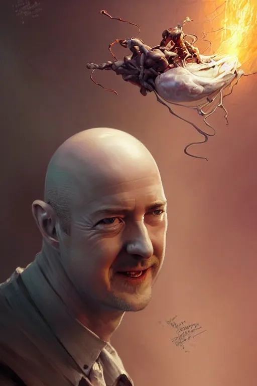 Image similar to edward norton face inside a boiled egg with the eggshell cracking and falling off, hyper detailed, digital art, artstation, cinematic lighting, studio quality, smooth render, by peter mohrbacher, hajime sorayama, wayne barlowe, boris vallejo, aaron horkey, gaston bussiere, craig mullins