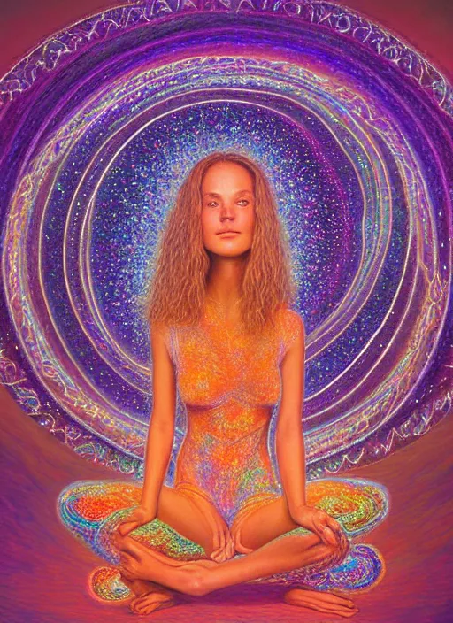 Prompt: a beautiful girl surrounded by crystalline light fractals in front of an intricately detailed spiraling portal with a spiritual aura by mati klarwein, by malcolm liepke, by steven wiltshire, by edward hopper, soft colorful pastel drawing by mary herbert ( fuzzy feeling of dreams and memories ), cinematic lighting