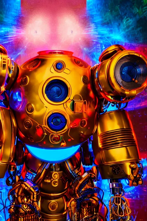 Image similar to portrait photo of a giant huge golden and blue metal humanoid steampunk robot dj with multicolored big gears and headphones, a red dj mixer, eyes are glowing red lightbulbs, shiny crisp finish, 3 d render, 8 k, insaneley detailed, fluorescent colors, background is multicolored lasershow