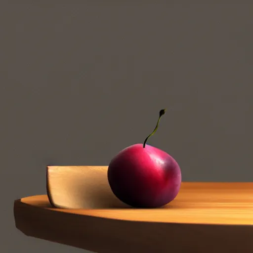 Image similar to concept art of a single bowl filled with a few moist freshly picked plums on a wooden table. digital painting. volumetric lighting. small scale. artistic. trending on artstation.