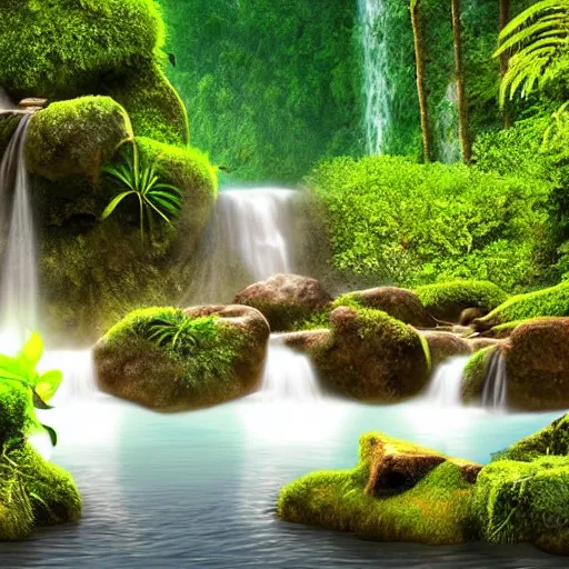 Image similar to beautiful jungle landscape with waterfalls, stones, rocks, plants, flowers, sun rays, warm, sunny, realistic digital art