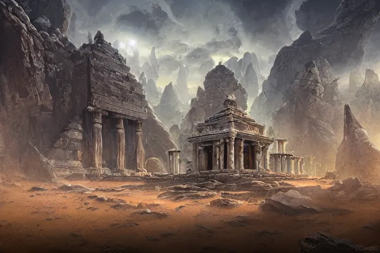 Prompt: the lost ancient temple, in the style of stephan martiniere and vicente segrelles, trending on artstation, back lighting tilt - shift cottagecore, abstract illusionism, movie poster, creature concept art, precisionism