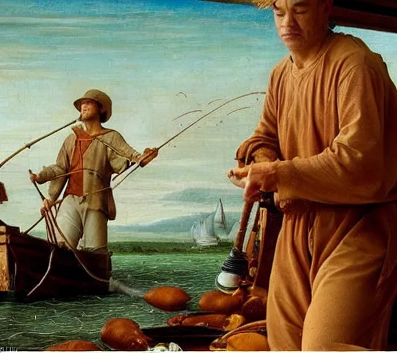 Prompt: Tom hanks as forrest fishing for shrimp in a giant shrimp boat, majestic beautiful world, renaissance painting, amazing detail