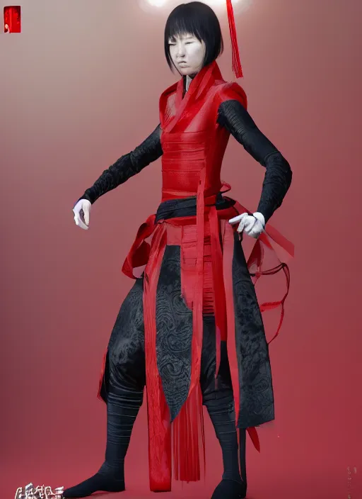 Prompt: haute couture, clothing setting for ancient chinese female assassin, model standing pose, red hanfu, long sleeves, gauze belt, cyberpunk style, render by octane and blender, hyper realistic, hyper detailed