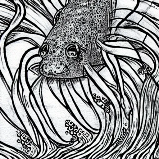 Image similar to an axolotl drawn by junji ito