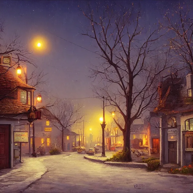 Image similar to town inspired by Evgeny Lushpin stores,cottages,streets,spring, midnight,full moon,cinematic,