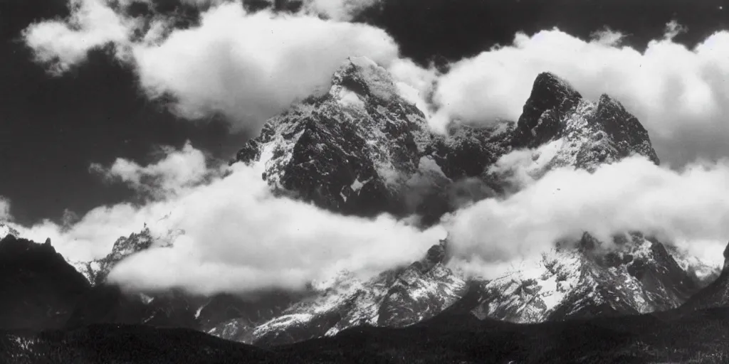 Image similar to tall mountains covered in snow with huge clouds, photo by Ansel Adams,