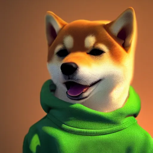 Image similar to a Shiba Inu wearing a green hoodie sitting on a couch, photo realistic, trending on artstation, HDR, nicely detailed, 8k