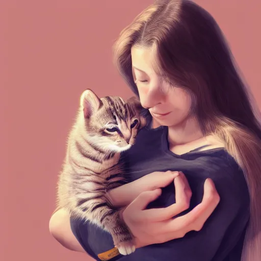 Image similar to photo of a woman cuddling a kitten in her arms, 4k, highly detailed, trending on artstation