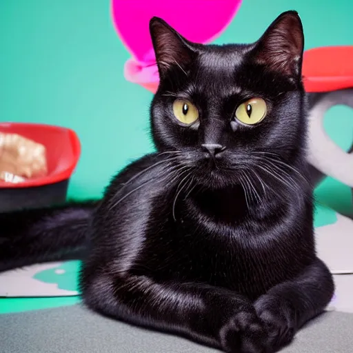 Image similar to black cat sitting in a photo studio, photorealistic