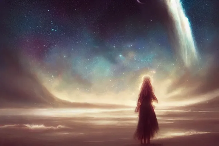 Image similar to the night sky is an upside down ocean, the stars are fish in the depths, the night sky is a sea, distant nebula are glowing algae, the ghostly cosmic star child looks down from the veil of the sky, her hair is the milky way, starscape of luminous pastels, fantasy painting by jessica rossier