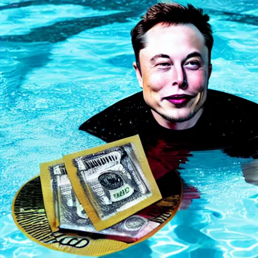 Prompt: Photography of elon musk swimming in a pool with money all around him