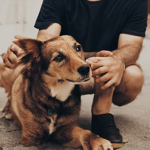 Image similar to [ selfie ]!!! of a man [ caressing a dog ]!!, trending on unsplash, 4 k photorealism, intricately detailed