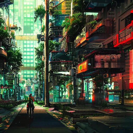 Prompt: a cyberpunk city in a rainforest, highly detailed digital art
