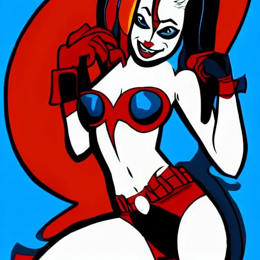 Image similar to detailed digitial painting of harley quinn in bruce timm art style, elaborate, intricate