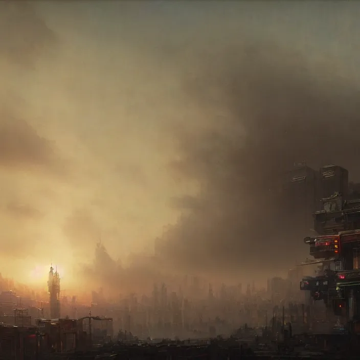 Prompt: a beautiful oil painting of a cyberpunk city on the wasteland by ivan aivazovsky and greg rutkowski and james gurney and frank lloyd and sung choi, in style of impressionnisme. hyper detailed, sharp focus, soft light. unreal engine 5 lumen. ray tracing. trending on artstation. oil on canvas