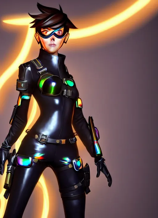 Image similar to full body digital artwork of tracer overwatch, confident pose, wearing black iridescent rainbow latex, 4 k, expressive happy smug expression, makeup, in style of mark arian, wearing detailed black leather collar, wearing sleek armor, black leather harness, expressive detailed face and eyes,