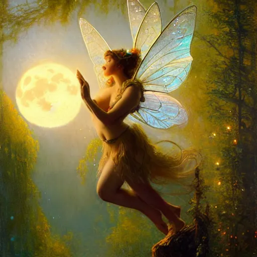 Image similar to attractive fairy magically floating high in the night, fantasy, full moon in background. highly detailed painting by gaston bussiere, craig mullins, j. c. leyendecker, mid shot, 8 k realistic, cryengine, frostbite 3 engine, sharp focus