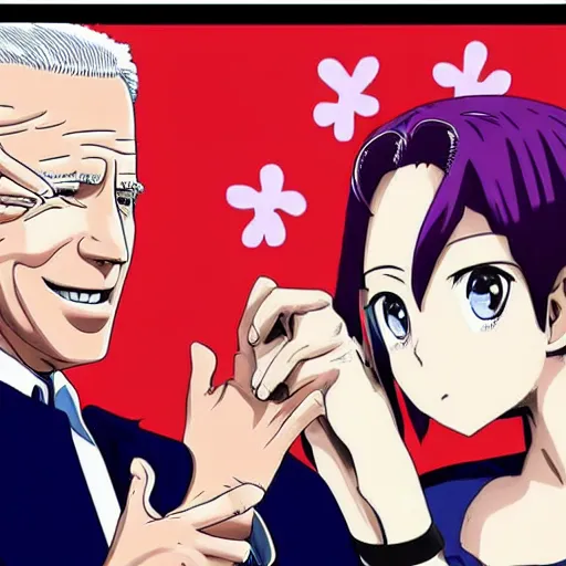 Image similar to key anime visual of joe biden and Saiki Kusuo; official media