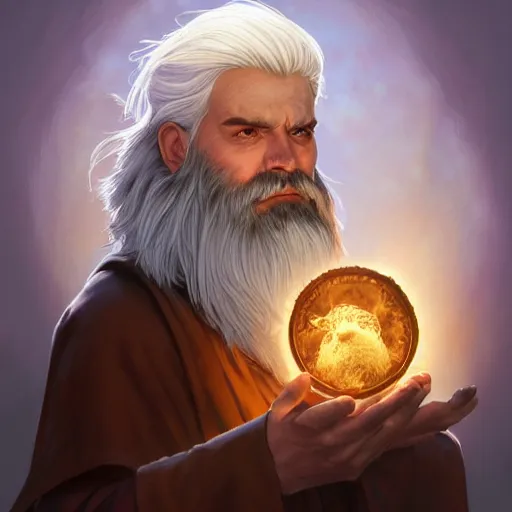 Image similar to a man with white hair and beard, wearing nomadic clothing holding a soul jar portrait, backlight, rim lighting, deep focus, d & d, fantasy, intricate, elegant, highly detailed, digital painting, artstation, concept art, matte, centered, sharp focus, illustration, hearthstone, art by artgerm, greg rutkowski and alphonse mucha