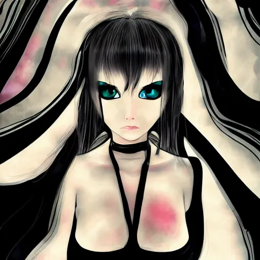 Image similar to a jealous woman cover by oni mask on half of her face, black background 5 5 mm, potrait, digital art, japanese anime style