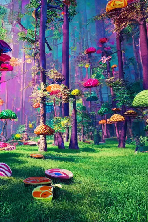 Prompt: a fancy forest made of candy and sweats, unreal engine, realistic, fantasy scenic, atmospheric