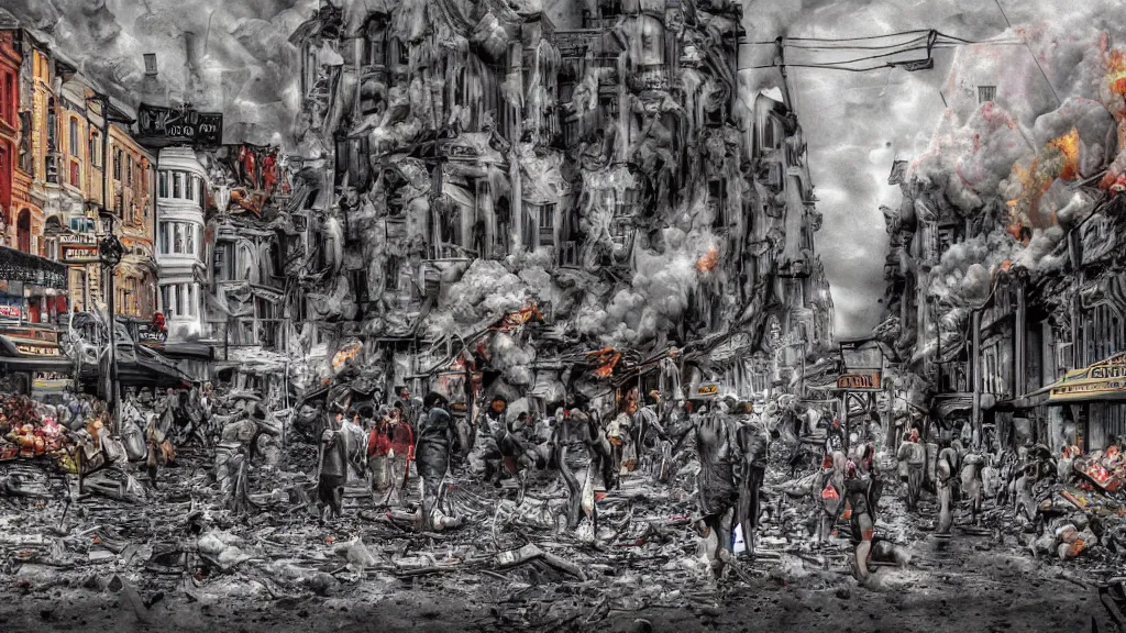 Prompt: the pain and chaos of a town being bombed on market sunday, digital art