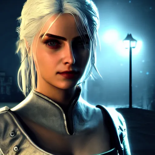 Prompt: Ciri with cybernetic modifications portrait in night city, 8k ultra realistic, award winning, unreal engine 5, masterpiece