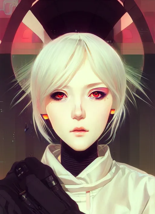 Image similar to portrait Anime girl cyberpunk, cute-fine-face, white-hair pretty face, realistic shaded Perfect face, fine details. Anime, cyberpunk. realistic shaded lighting by Ilya Kuvshinov and Gustav Klimt