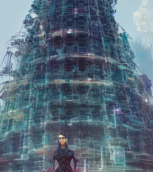 Image similar to colored, tarkovsky, majestic ancient tower of babylon city, a woman in cyber clothing, hyperrealistic, by ash thorp, full color, cyber architecture, intricate, corona render, concept art, hyper - detailed, smooth, masterpiece, epic, cinematic, high quality